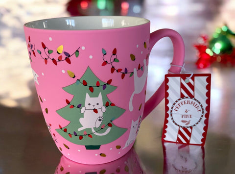 Sweet White Cats & Christmas Tree 18oz Pink Mug