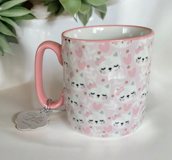 Pretty White Cat & Hearts 16oz Coffee Mug