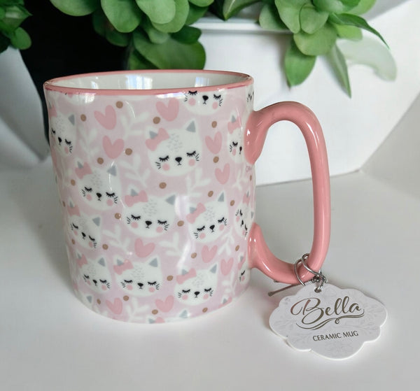 Pretty White Cat & Hearts 16oz Coffee Mug