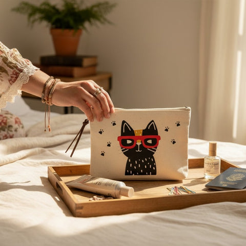 Cool Black Cat with Shades Zipper Pouch