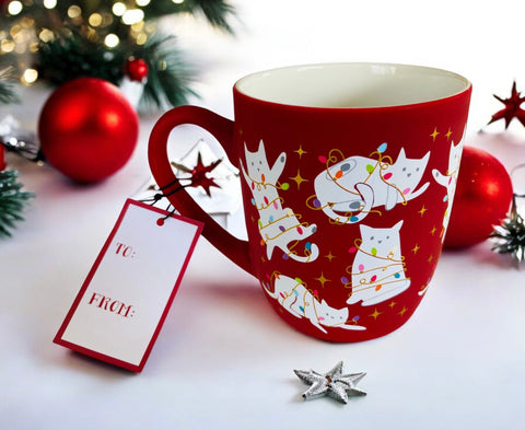 White Cats & Christmas Lights Red 18oz Mug