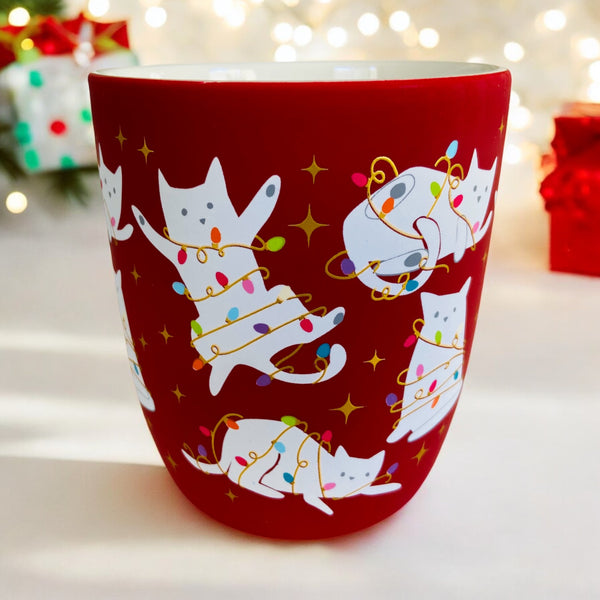 White Cats & Christmas Lights Red 18oz Mug