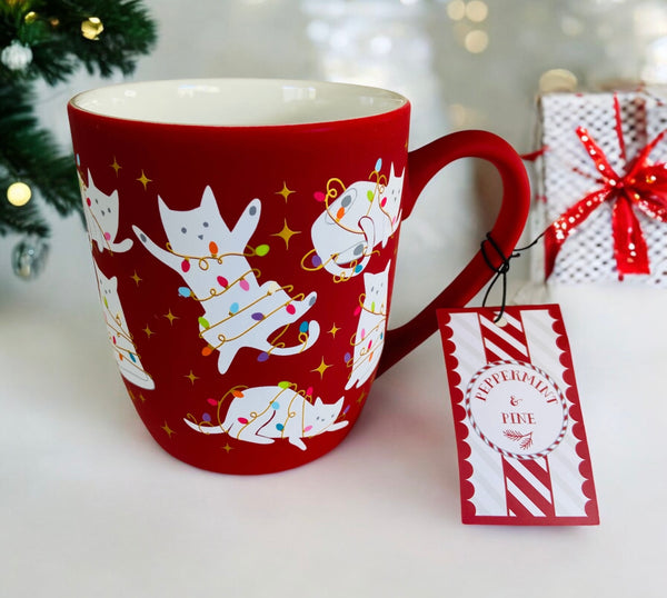 White Cats & Christmas Lights Red 18oz Mug