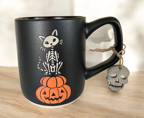 Skeleton Cat & Pumpkin Mug