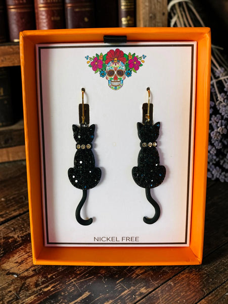 Fancy Black Cat Dangle Earrings