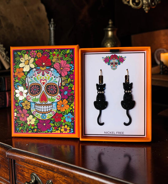 Fancy Black Cat Dangle Earrings