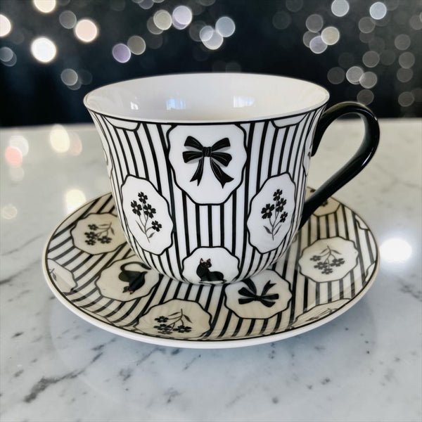 Whimsigoth Black Cat Striped Cup & Saucer