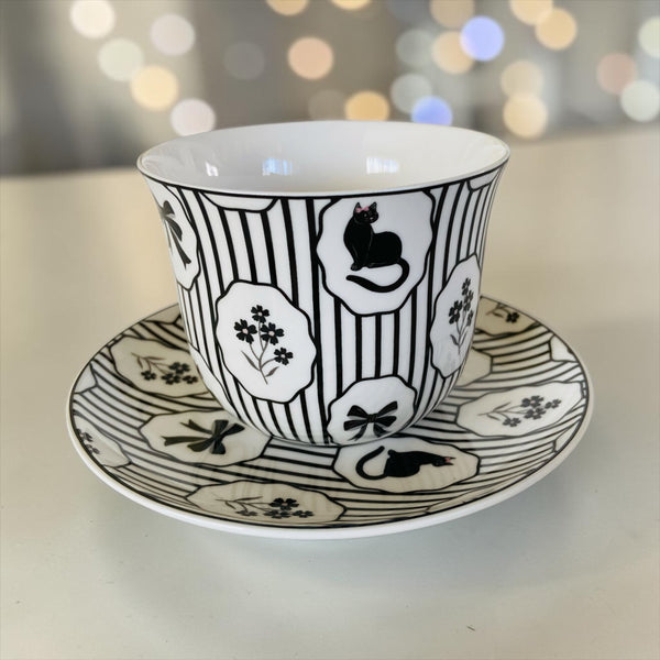 Whimsigoth Black Cat Striped Cup & Saucer