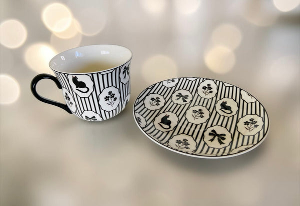 Whimsigoth Black Cat Striped Cup & Saucer