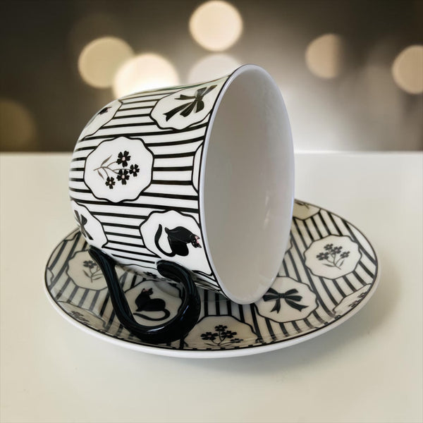 Whimsigoth Black Cat Striped Cup & Saucer