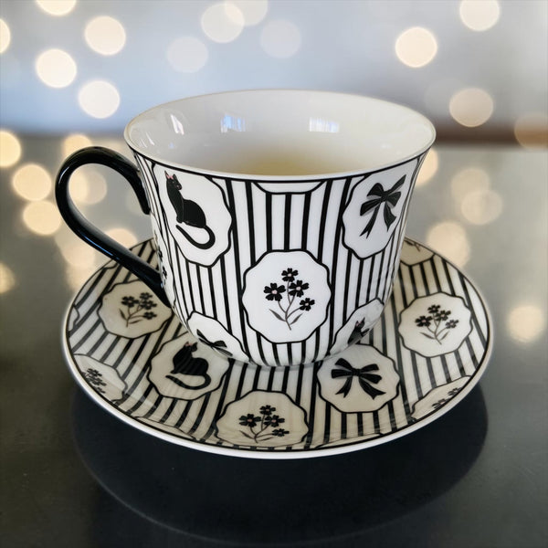 Whimsigoth Black Cat Striped Cup & Saucer