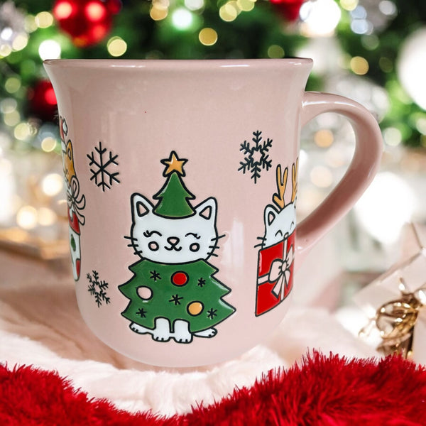 Pink Happy Christmas Cats 16oz Mug