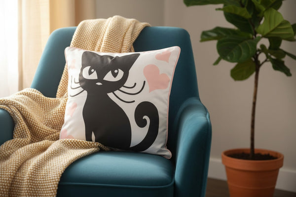 Wide Eyed Black Cat & Hearts Cat Throw Pillow