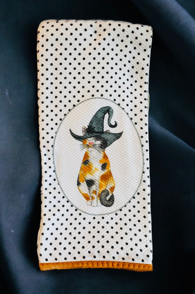 Halloween Calico Cat in Witch Hat Kitchen Towel Set