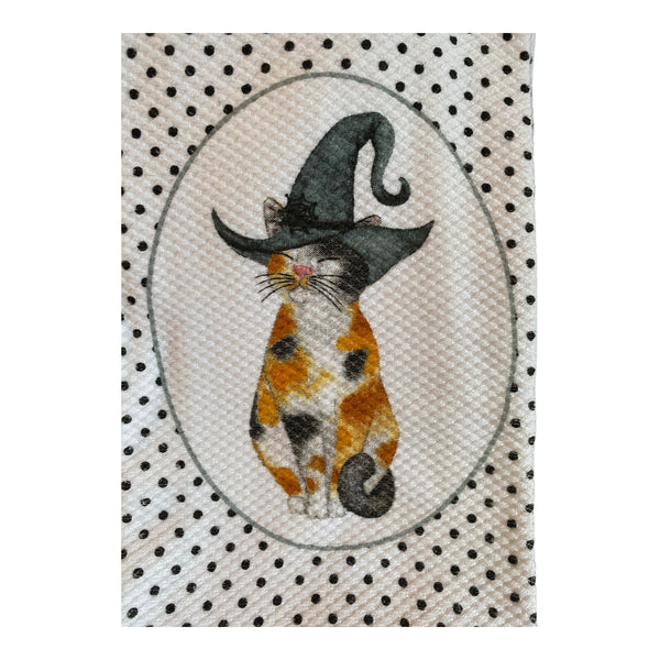 Halloween Calico Cat in Witch Hat Kitchen Towel Set