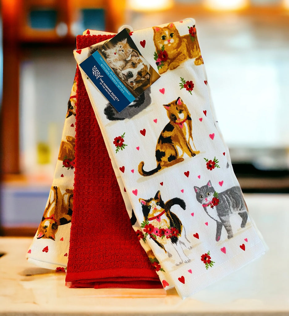 Cats, Flowers & Hearts 3 Piece Kitchen Towel Set