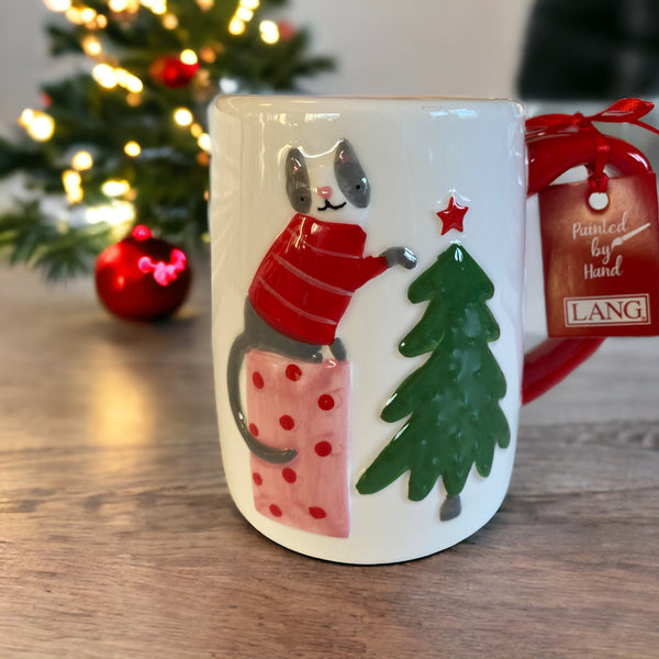 Lang Gray Cat Trimming Christmas Tree 16oz Mug