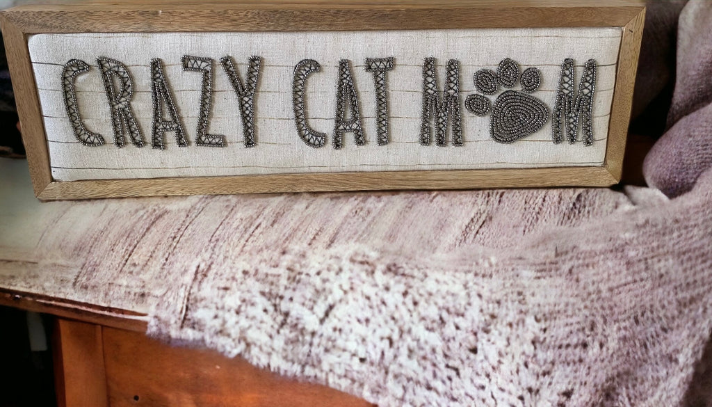 Crazy Cat Mom Beaded Sign with Wood Frame