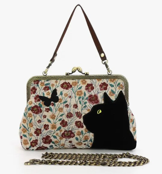 Exquisite Floral Tapestry Style Cat Watching Butterfly Lock Bag