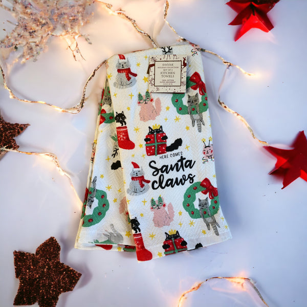 Christmas Here Comes Santa Claws Kitchen 2 Towel Set with Recipe
