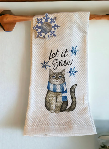 Let it Snow Gray Tabby Cat 2 piece Kitchen Towel Set