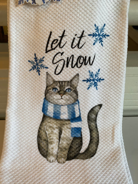 Let it Snow Gray Tabby Cat 2 piece Kitchen Towel Set