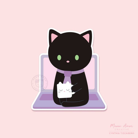 Office Black Cat with Cat Mug and Laptop Vinyl Sticker