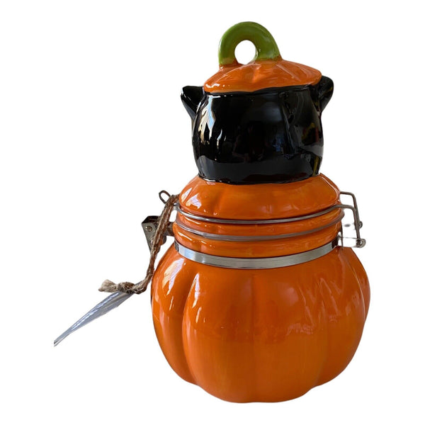 Halloween Black Cat in Pumpkin Treat Jar