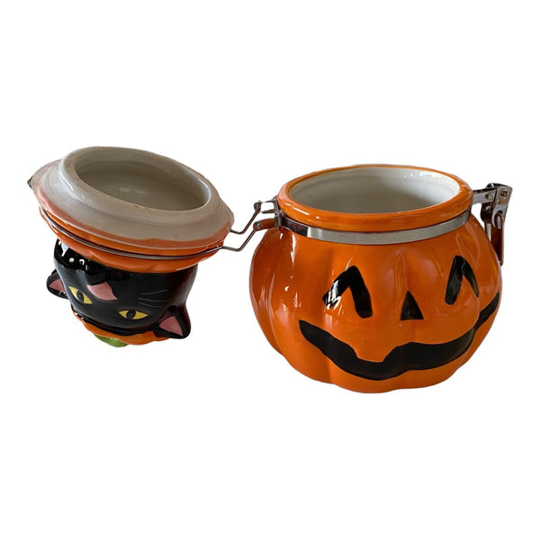 Halloween Black Cat in Pumpkin Treat Jar