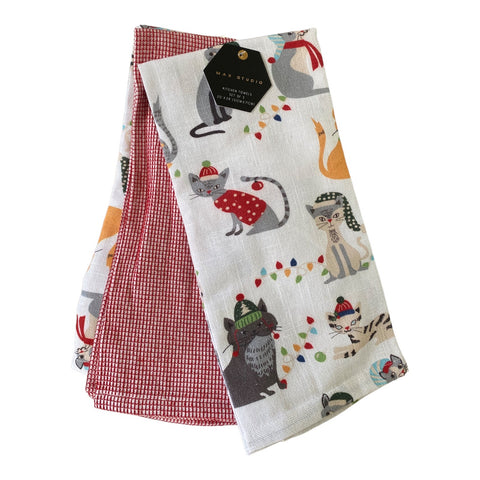 Retro Christmas Cats in Hats & Ornaments 3 piece Kitchen Towel Set