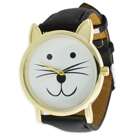 Happy Cat Face Watch with Black Band - The Good Cat Company