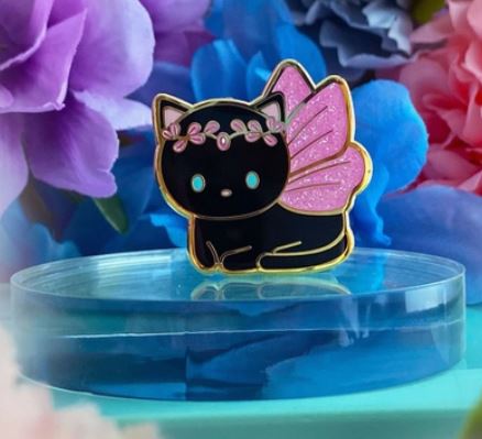 Black Cat Fairy with Pink Glitter Wings Enamel Pin