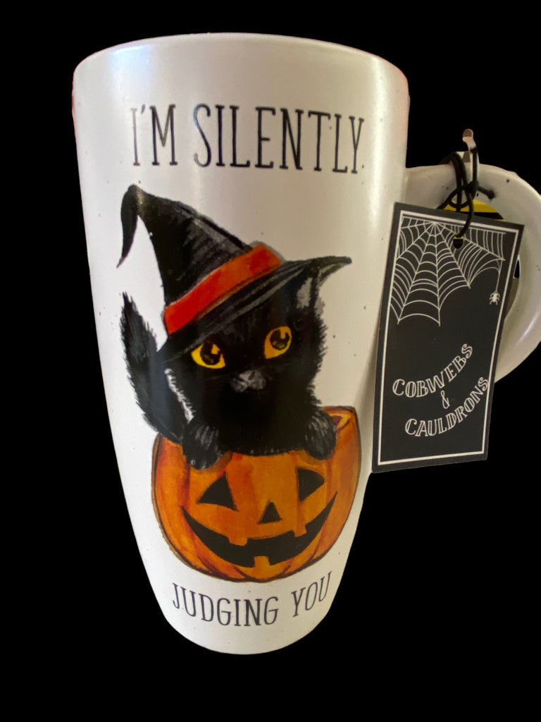 Black Kitten in Witch Hat I'm Silently Judging You Tall Latte Mug