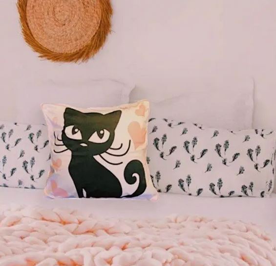 Wide Eyed Black Cat & Hearts Cat Throw Pillow - The Good Cat Company