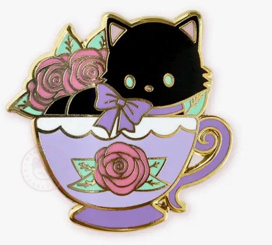 Sweet Black Cat in Purple Teacup Enamel Pin