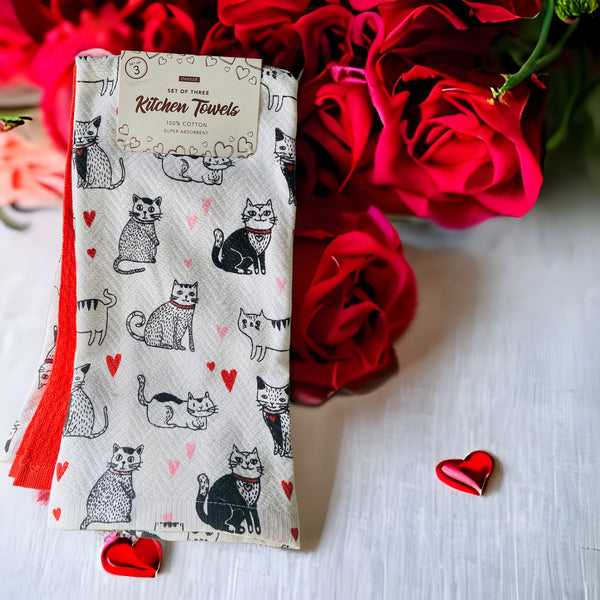Black & White Cats and Hearts 3 Kitchen Towel Set