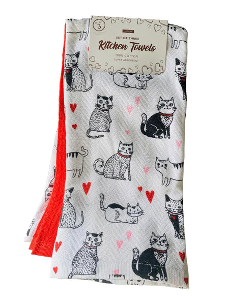 Black & White Cats and Hearts 3 Kitchen Towel Set