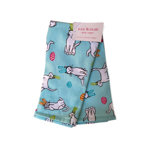 White Easter Bunny Cat in Bunny Ears Kitchen Towel Set