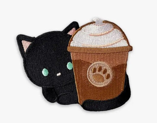 Black Cat and Coffee Frappuccino Embroidered Iron On Patch