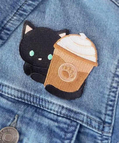 Black Cat and Coffee Frappuccino Embroidered Iron On Patch