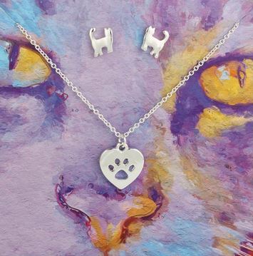 Felines Forever Cat Post Earring & Paw Necklace Set