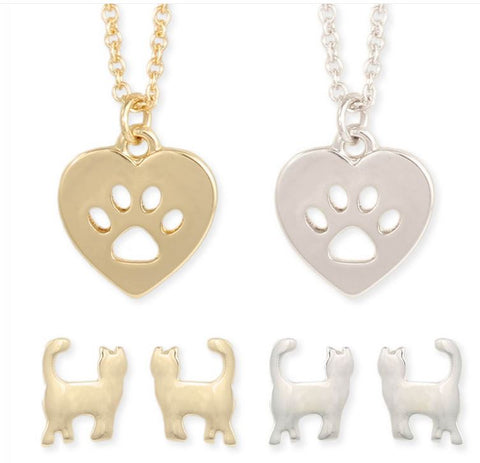 Felines Forever Cat Post Earring & Paw Necklace Set