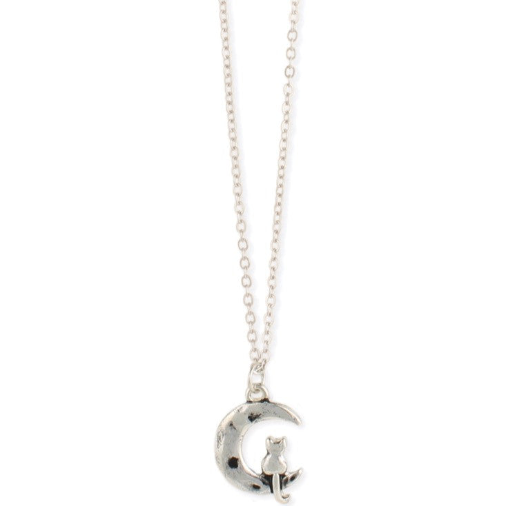 Silver Cat on Crescent Moon Necklace - The Good Cat Company