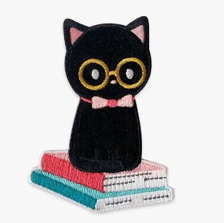 Studious Black Cat on Books Embroidered Iron On Patch