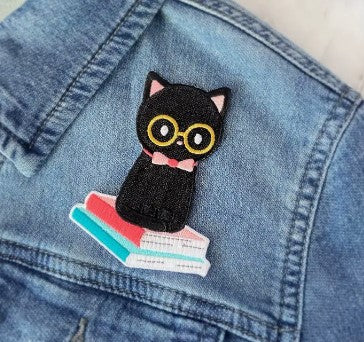 Studious Black Cat on Books Embroidered Iron On Patch