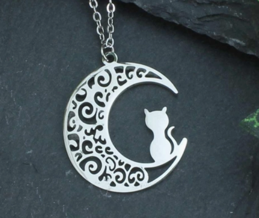 Celestial Silver Cat on Filigree Crescent Moon