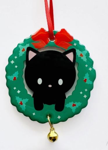 Cute Black Cat in Christmas Wreath with Bell Ornament