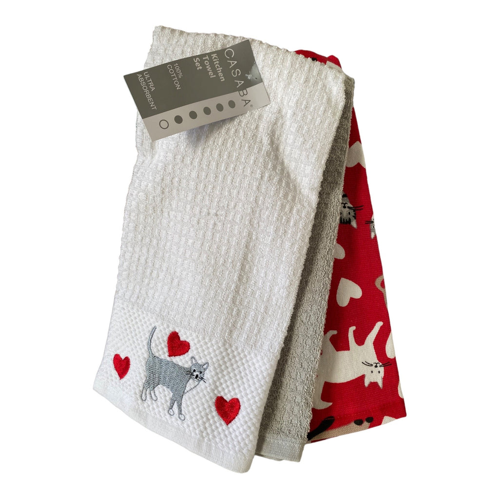 Embroidered Gray Cat & Cats 3 Kitchen Towel Set