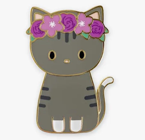 Sweet Gray Tabby Cat in Flower Crown Enamel Pin