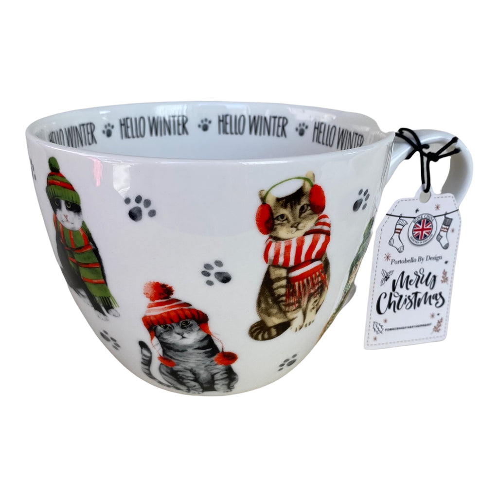 Cozy Hello Winter Cats in Scarves & Stocking Hats Cat Mug